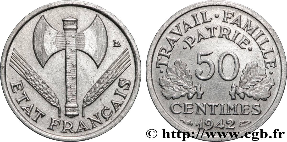 50 centimes Francisque, lourde 1942 Paris F.195/3 SPL+ 