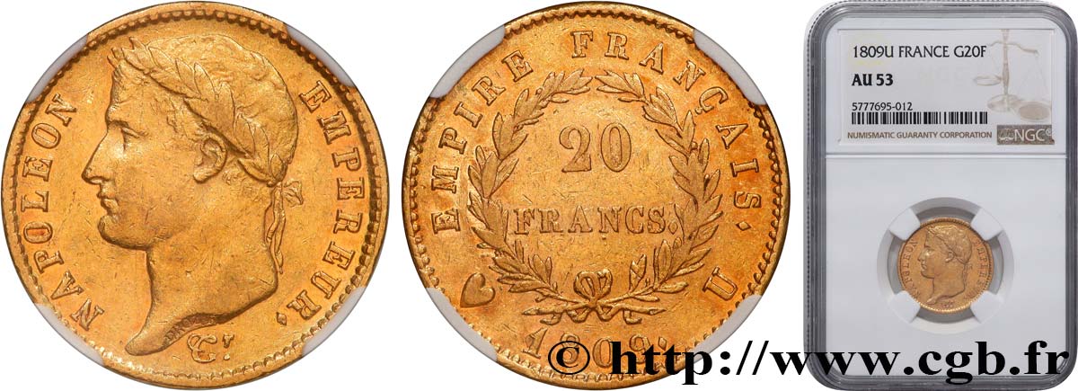 20 francs or Napoléon tête laurée, Empire français 1809 Turin F.516/6 TTB53 NGC