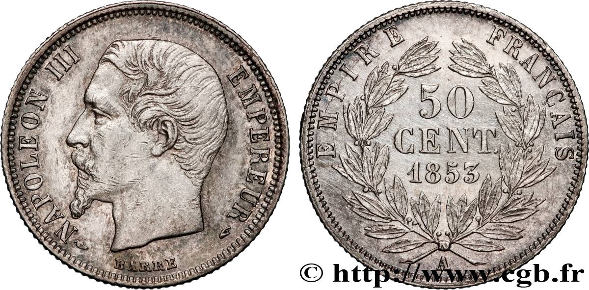 50 centimes Napoléon III, tête nue 1853 Paris F.187/1 TTB+ 