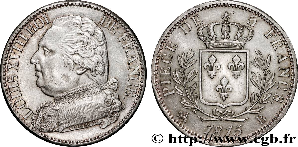 5 francs Louis XVIII, buste habillé 1815 Rouen F.308/16 SUP 