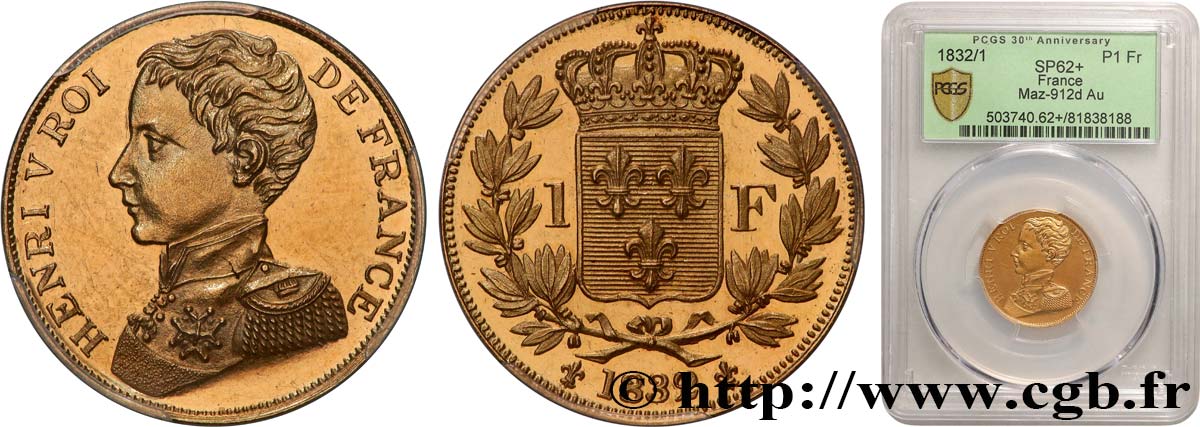 1 franc en Or, flan bruni 1832  Maz.912 d VZ62 PCGS