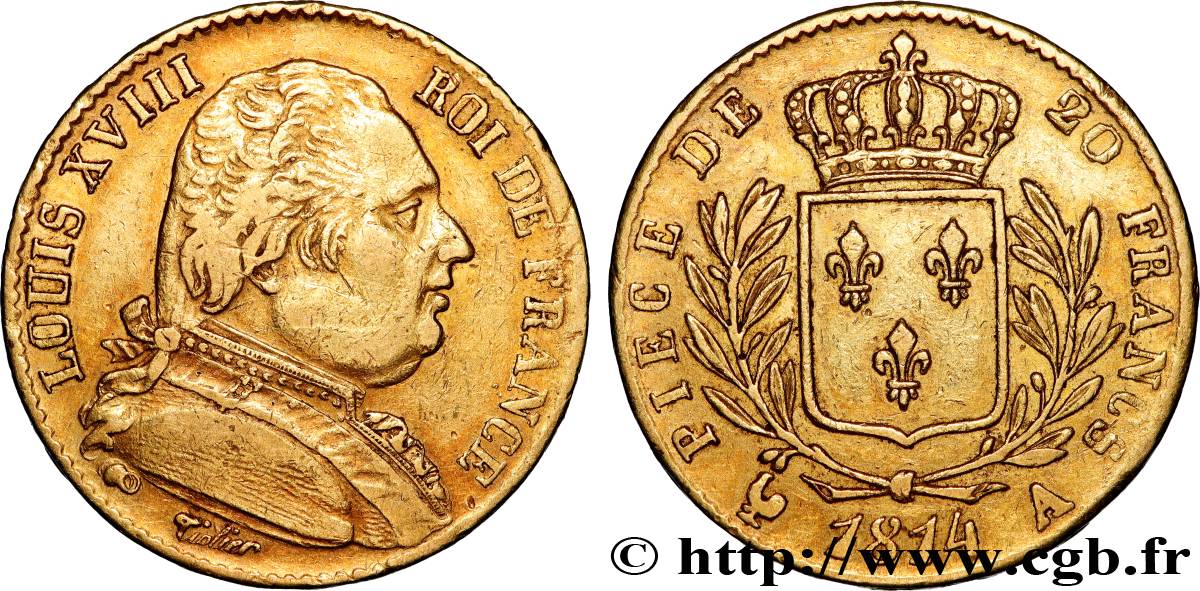 20 francs or Louis XVIII, buste habillé 1814 Paris F.517/2 TB+ 