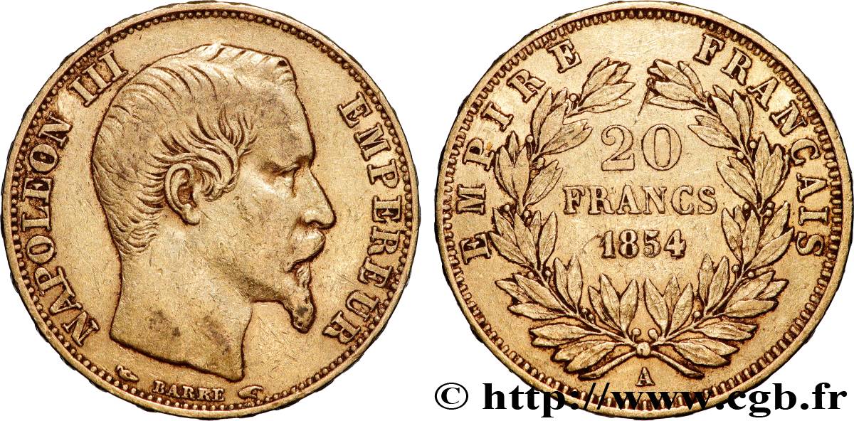 20 francs or Napoléon III, tête nue 1854 Paris F.531/2 TB+ 