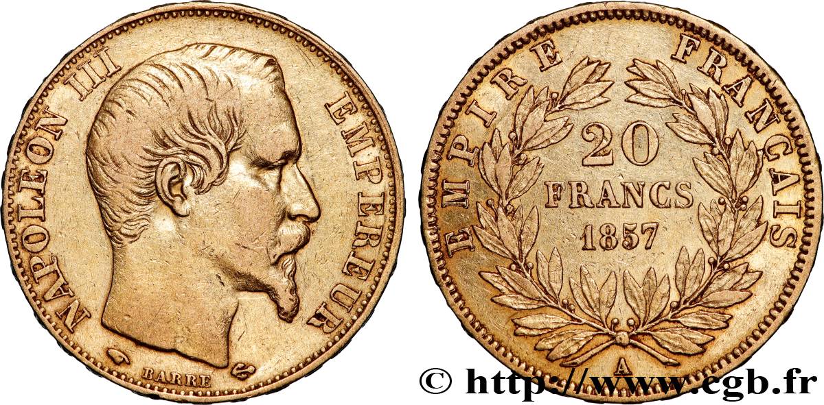 20 francs or Napoléon III, tête nue 1857 Paris F.531/12 SS 