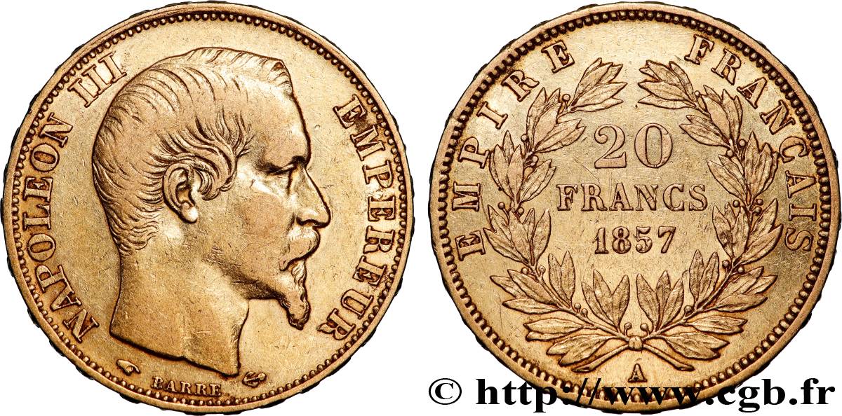 20 francs or Napoléon III, tête nue 1857 Paris F.531/12 BB 