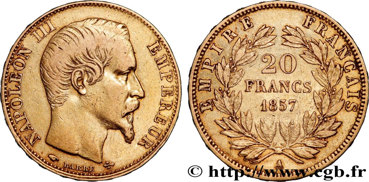 20 francs or Napoléon III, tête nue 1857 Paris F.531/12 SS 