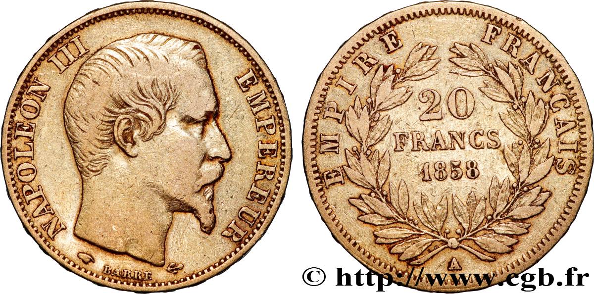 20 francs or Napoléon III, tête nue 1858 Paris F.531/13 TB+ 