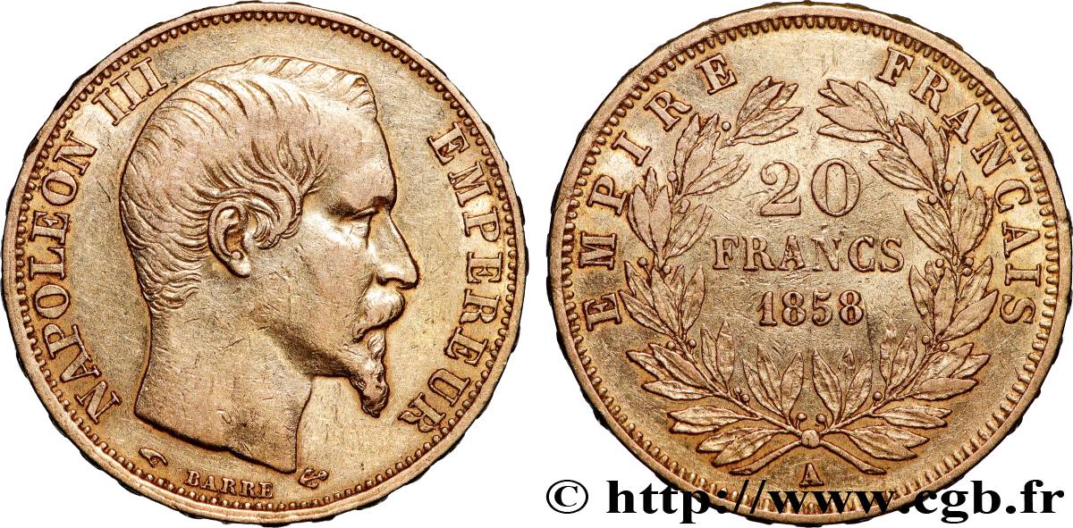 20 francs or Napoléon III, tête nue 1858 Paris F.531/13 XF 