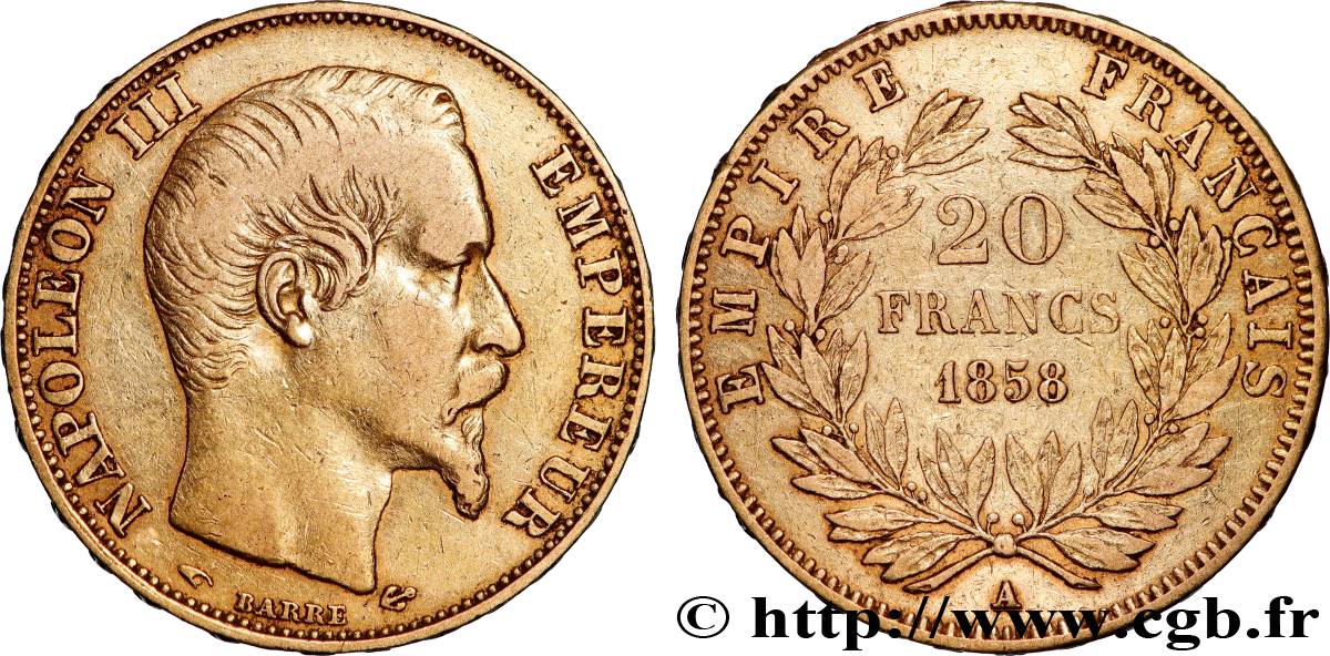 20 francs or Napoléon III, tête nue 1858 Paris F.531/13 XF 