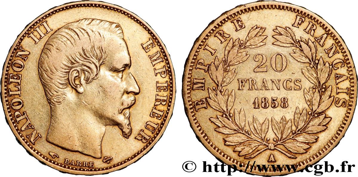 20 francs or Napoléon III, tête nue 1858 Paris F.531/13 BB 