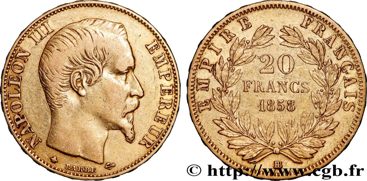 20 francs or Napoléon III, tête nue 1858 Strasbourg F.531/14 XF 