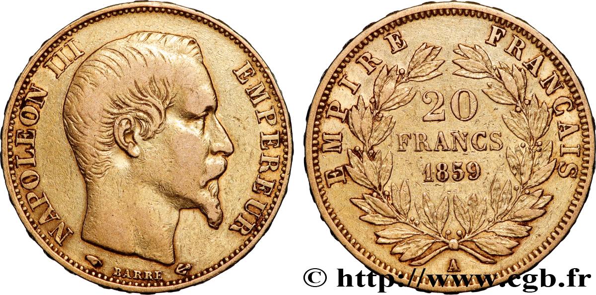 20 francs or Napoléon III, tête nue 1859 Paris F.531/15 fSS 