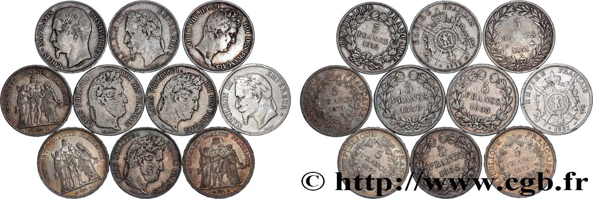 Lot de dix écus de 5 francs n.d.  F.-/ TB 