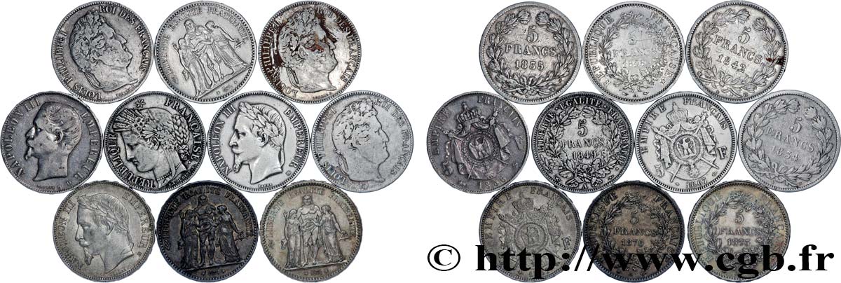 Lot de dix écus de 5 francs n.d.  F.-/ TB 