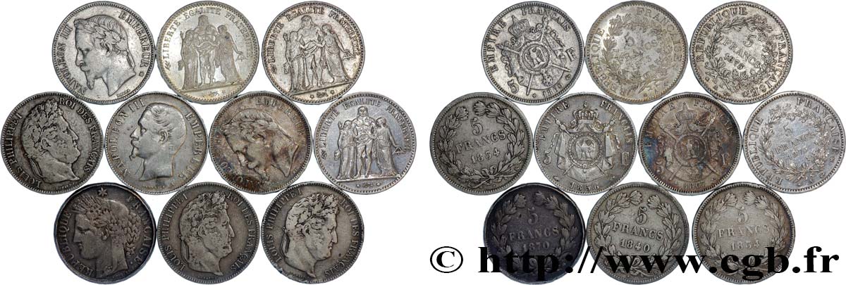 Lot de dix écus de 5 francs n.d.  F.-/ TB 