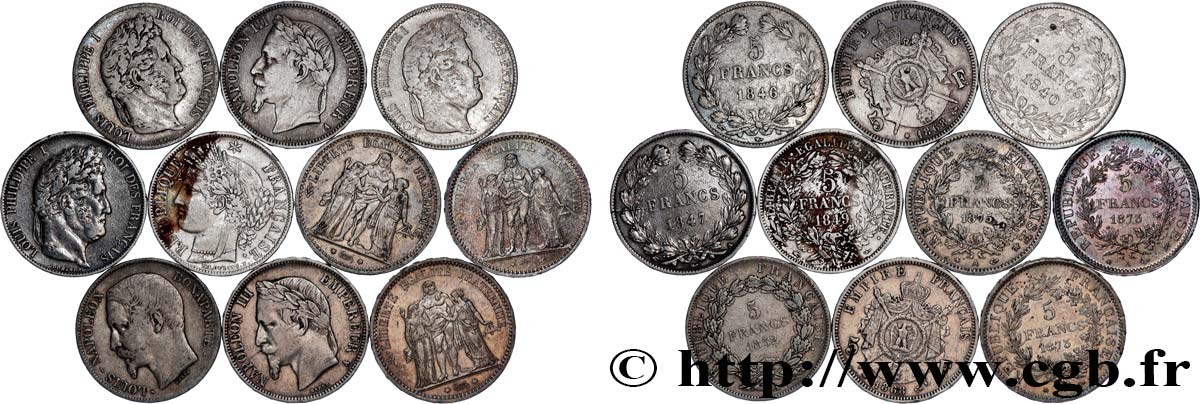 Lot de dix écus de 5 francs n.d.  F.-/ TB 