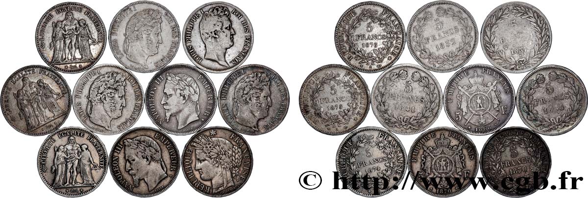 Lot de dix écus de 5 francs n.d.  F.-/ VF 