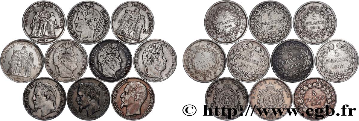 Lot de dix écus de 5 francs n.d.  F.-/ VF 