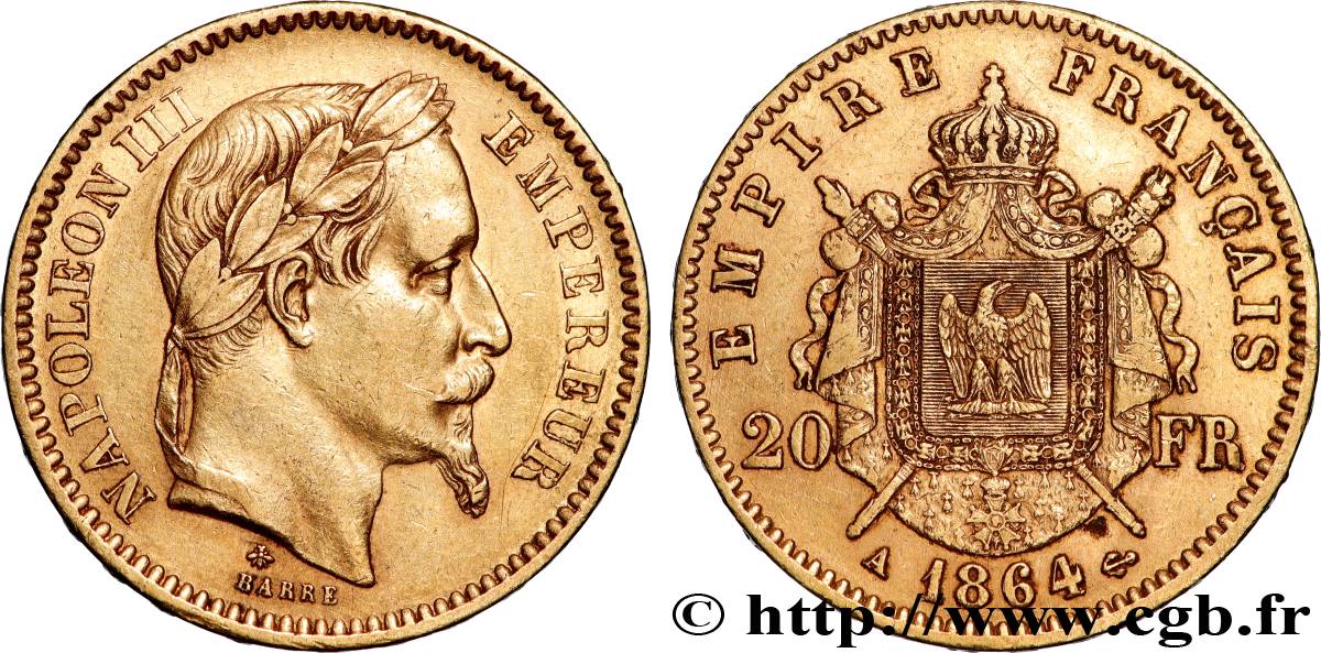 20 francs or Napoléon III, tête laurée 1864 Paris F.532/8 XF 