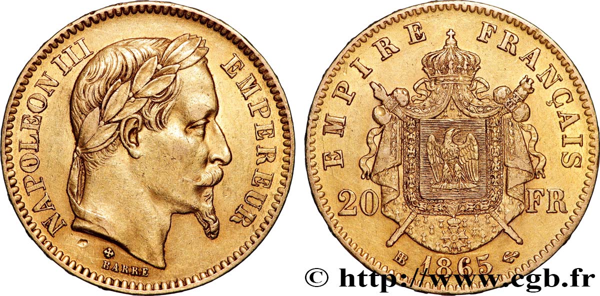 20 francs or Napoléon III, tête laurée 1865 Strasbourg F.532/12 TTB 