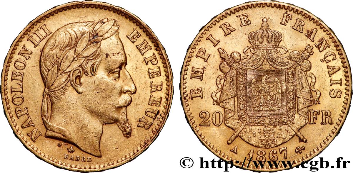 20 francs or Napoléon III, tête laurée 1867 Paris F.532/15 TTB+ 