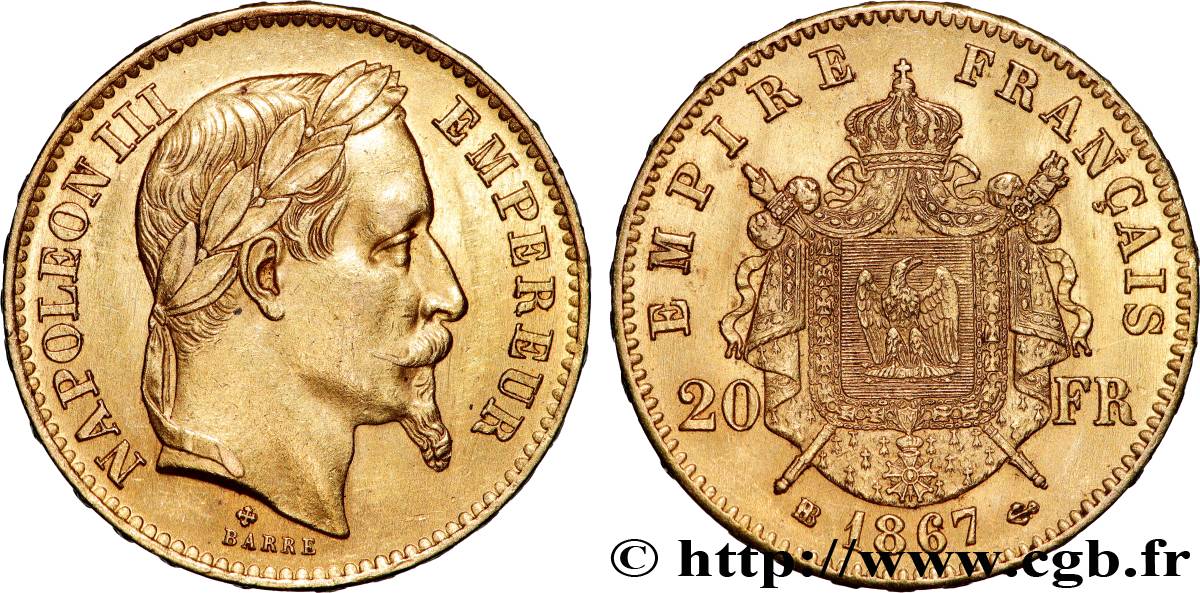 20 francs or Napoléon III, tête laurée 1867 Strasbourg F.532/16 TTB+ 
