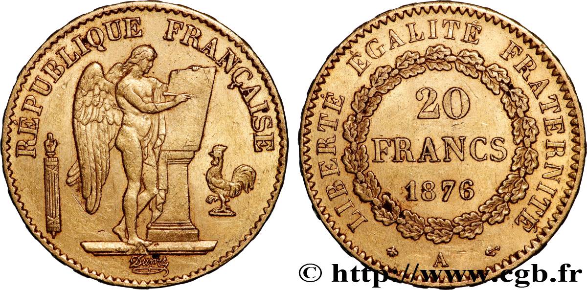 20 francs génie, Troisième république 1876 Paris F.533/4 MBC+ 