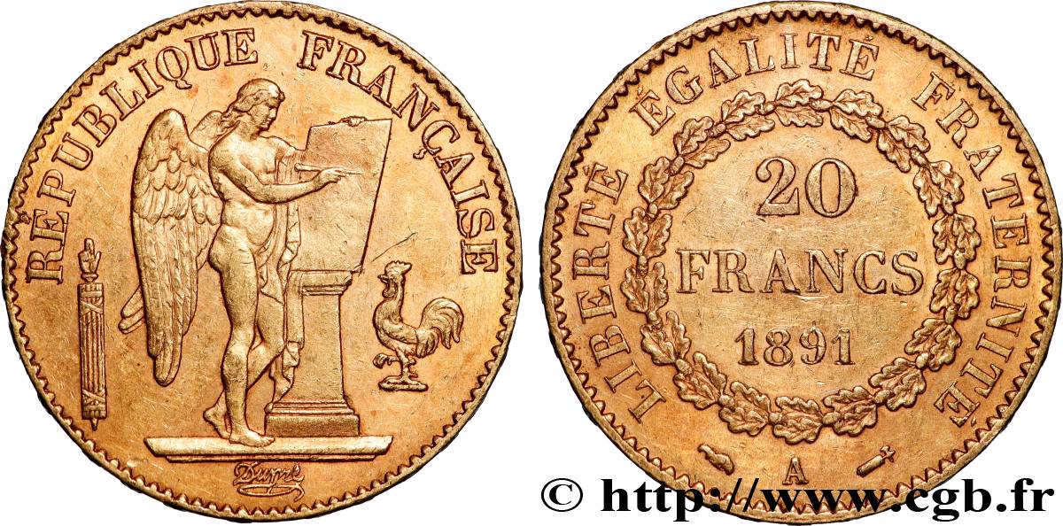 20 francs or Génie, Troisième République 1891 Paris F.533/15 AU 