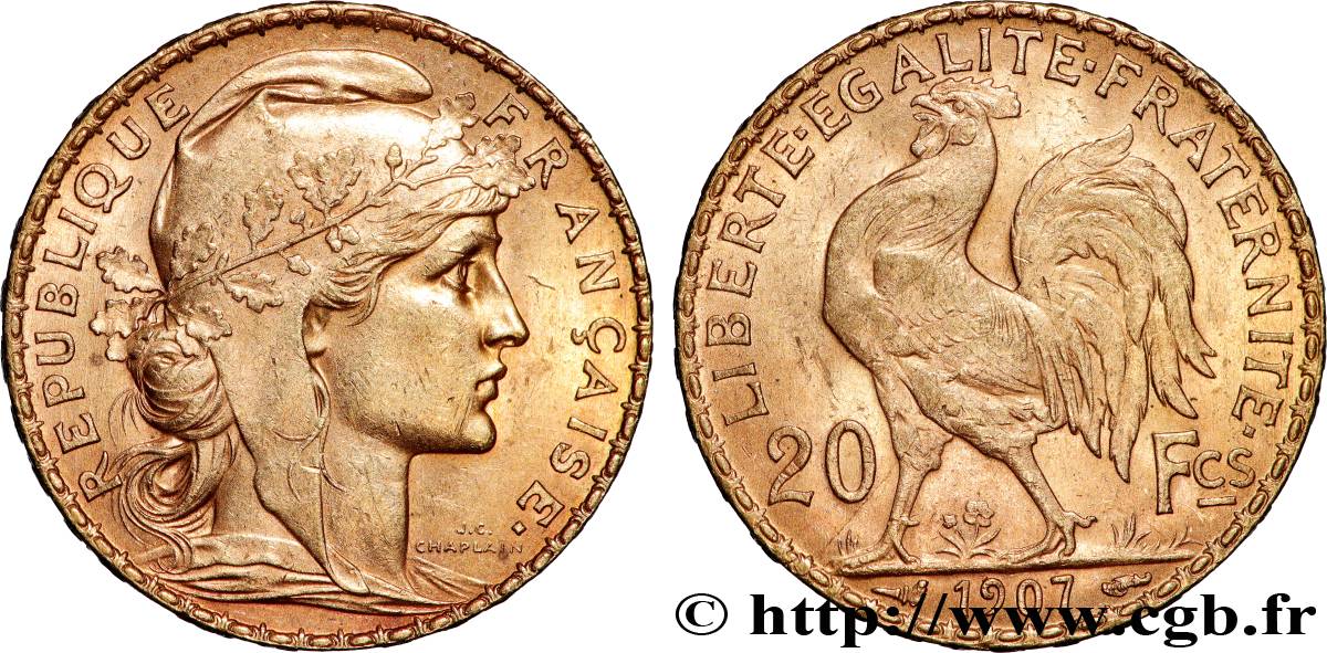 20 francs or Coq, Liberté Égalité Fraternité 1907 Paris F.535/1 SUP 