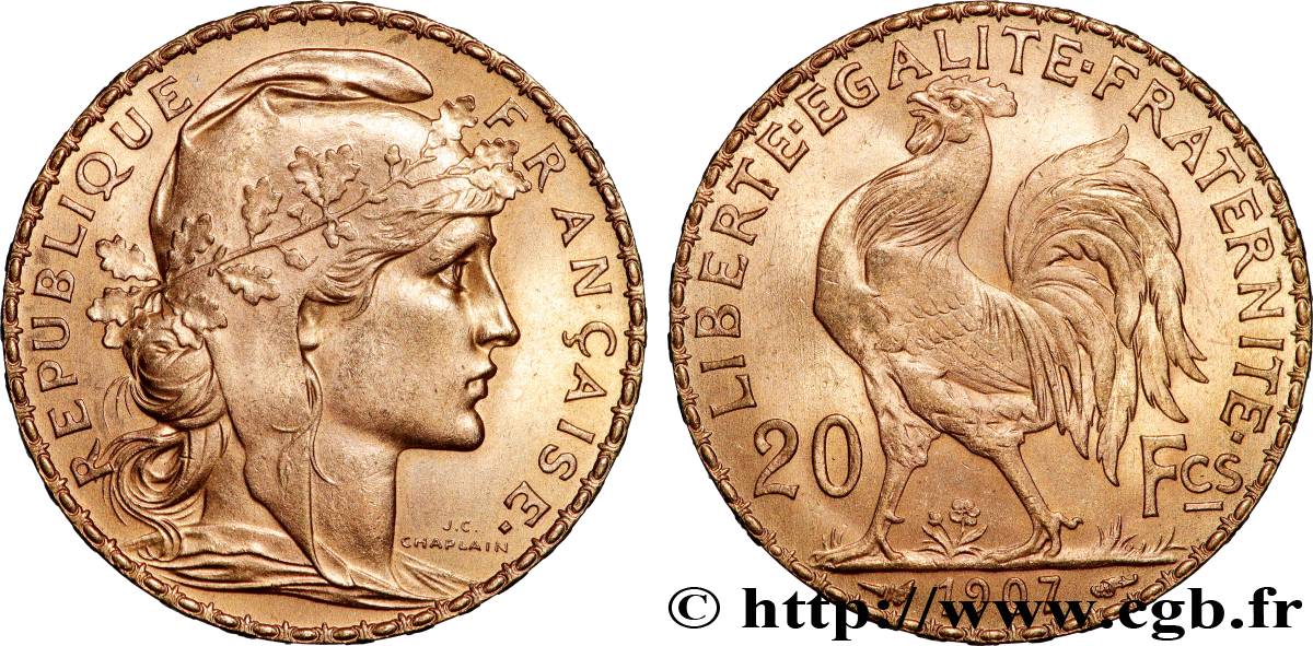 20 francs or Coq, Liberté Égalité Fraternité 1907 Paris F.535/1 SPL 