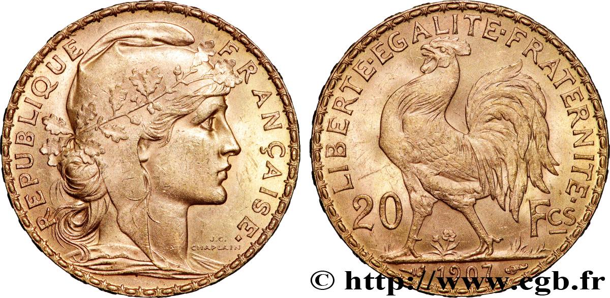 20 francs or Coq, Liberté Égalité Fraternité 1907 Paris F.535/1 SUP 