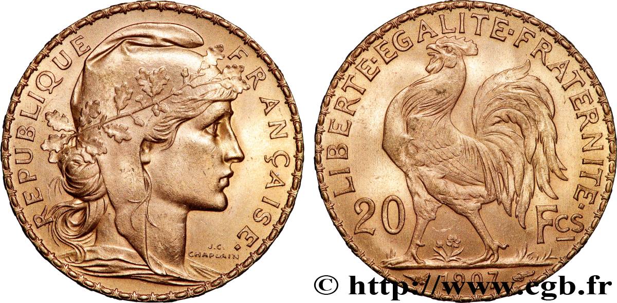 20 francs or Coq, Liberté Égalité Fraternité 1907 Paris F.535/1 fST 