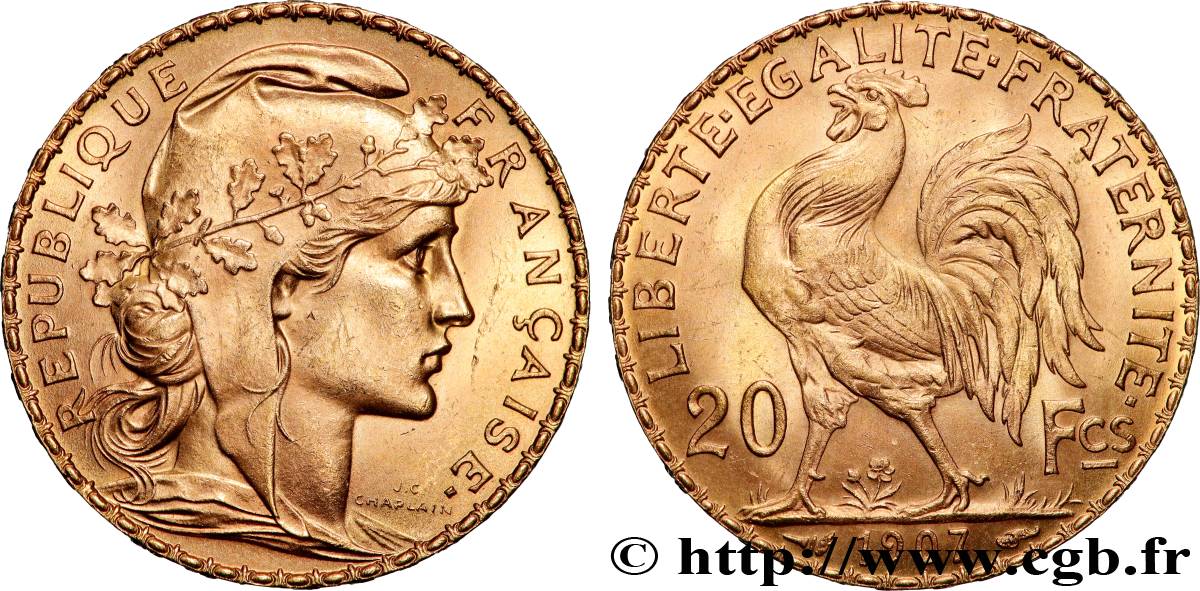 20 francs or Coq, Liberté Égalité Fraternité 1907 Paris F.535/1 SPL 
