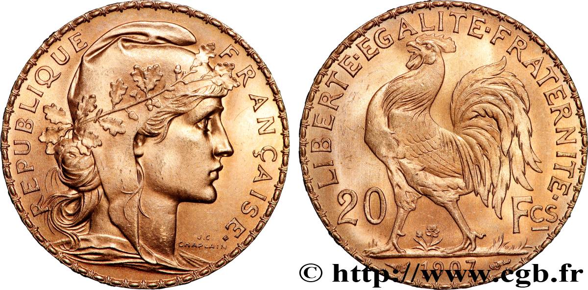 20 francs or Coq, Liberté Égalité Fraternité 1907 Paris F.535/1 SPL+ 