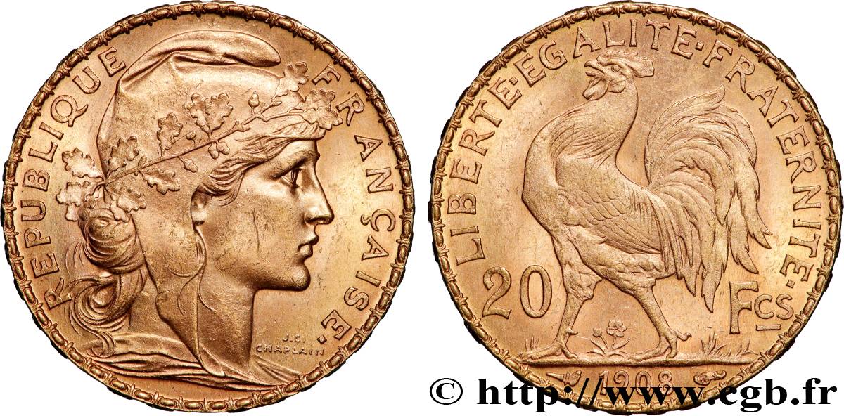 20 francs or Coq, Liberté Égalité Fraternité 1908 Paris F.535/2 SUP+ 