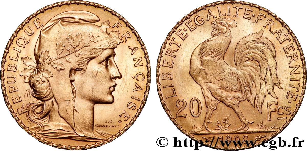 20 francs or Coq, Liberté Égalité Fraternité 1908 Paris F.535/2 MS 