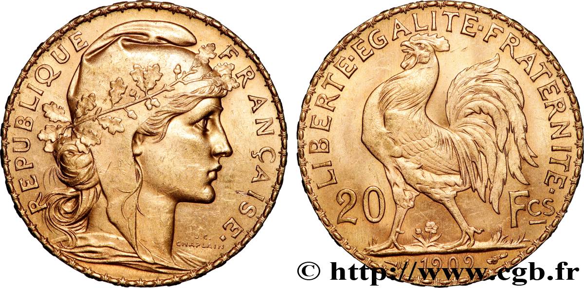 20 francs or Coq, Liberté Égalité Fraternité 1909 Paris F.535/3 SUP+ 