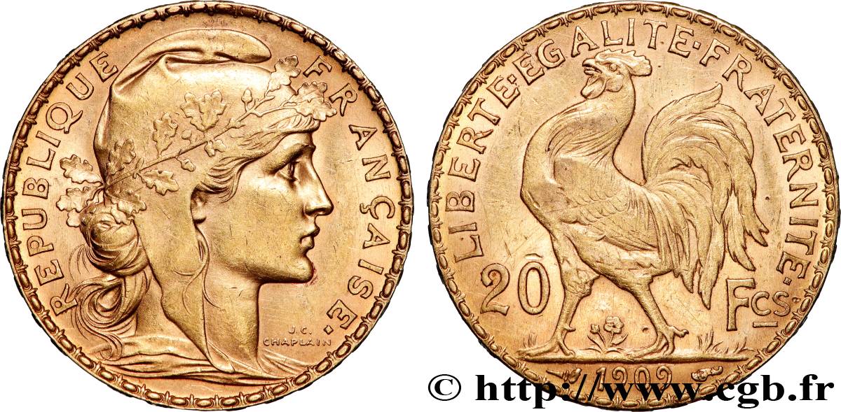 20 francs or Coq, Liberté Égalité Fraternité 1909 Paris F.535/3 TTB+ 