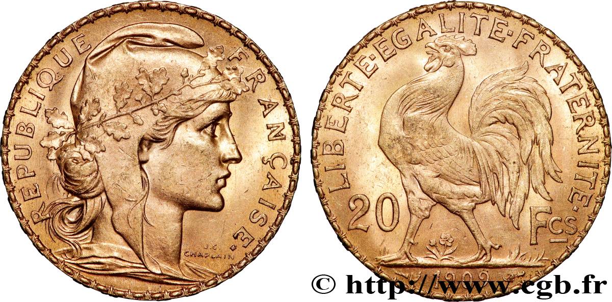 20 francs or Coq, Liberté Égalité Fraternité 1909 Paris F.535/3 SUP+ 