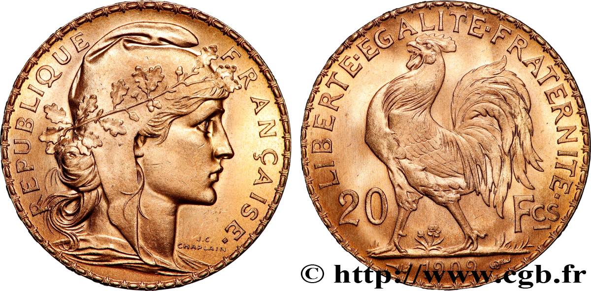 20 francs or Coq, Liberté Égalité Fraternité 1909 Paris F.535/3 fST+ 