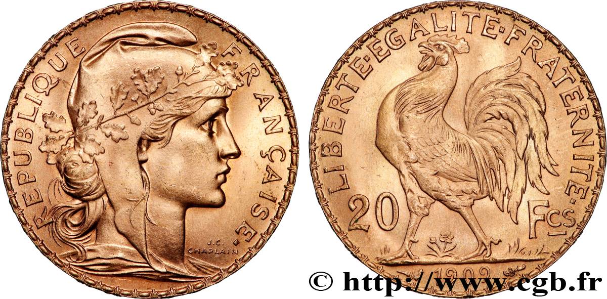20 francs or Coq, Liberté Égalité Fraternité 1909 Paris F.535/3 AU+ 