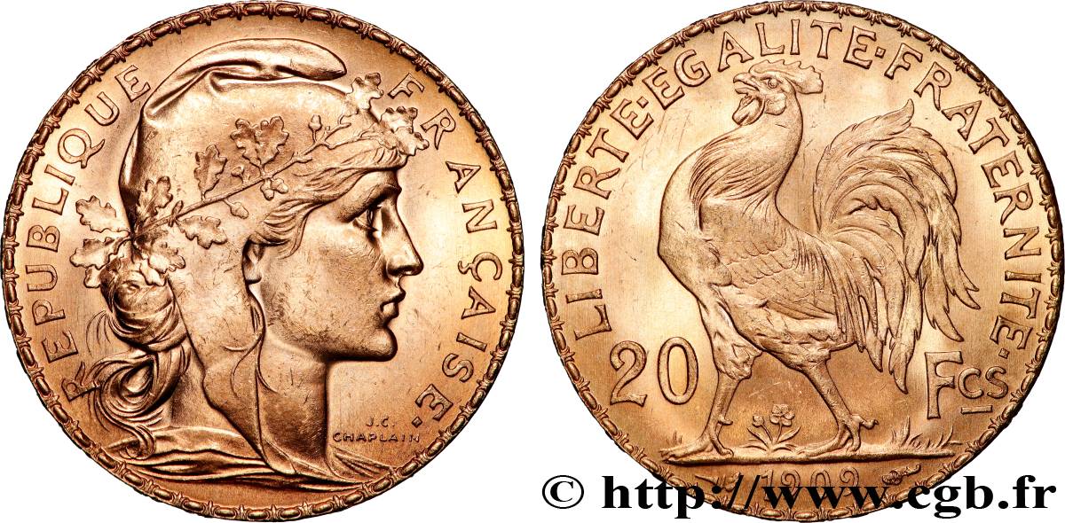 20 francs or Coq, Liberté Égalité Fraternité 1909 Paris F.535/3 SPL 