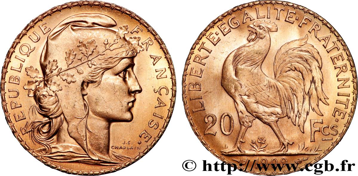 20 francs or Coq, Liberté Égalité Fraternité 1909 Paris F.535/3 SUP+ 