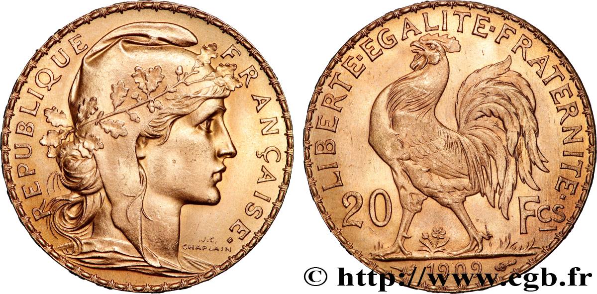 20 francs or Coq, Liberté Égalité Fraternité 1909 Paris F.535/3 SPL 
