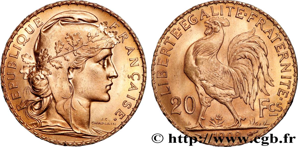20 francs or Coq, Liberté Égalité Fraternité 1909 Paris F.535/3 MS 