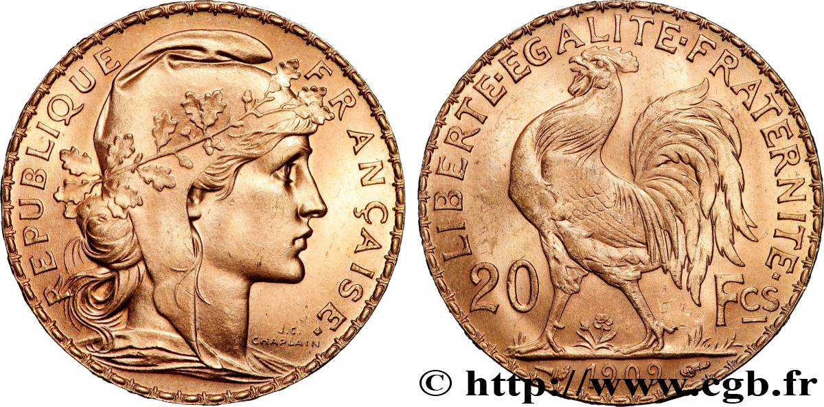 20 francs or Coq, Liberté Égalité Fraternité 1909 Paris F.535/3 SPL 