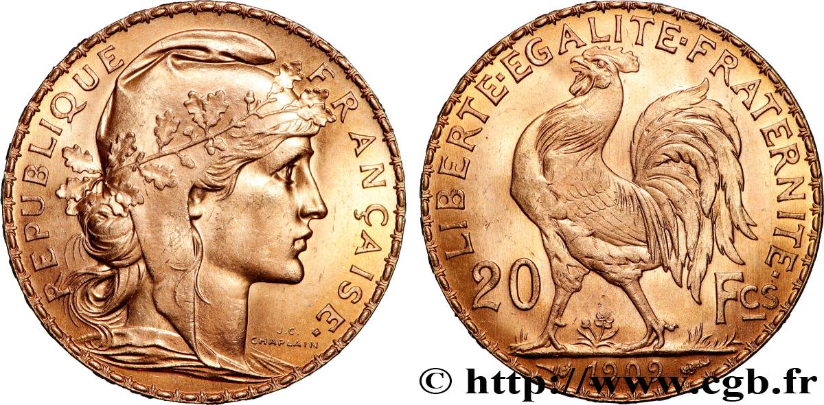 20 francs or Coq, Liberté Égalité Fraternité 1909 Paris F.535/3 SPL+ 