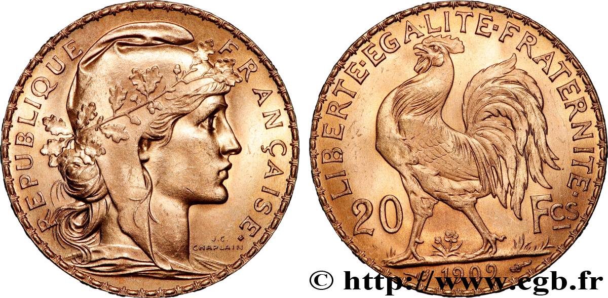 20 francs or Coq, Liberté Égalité Fraternité 1909 Paris F.535/3 SPL+ 