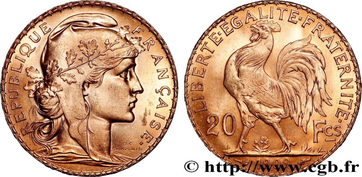 20 francs or Coq, Liberté Égalité Fraternité 1909 Paris F.535/3 SPL+ 