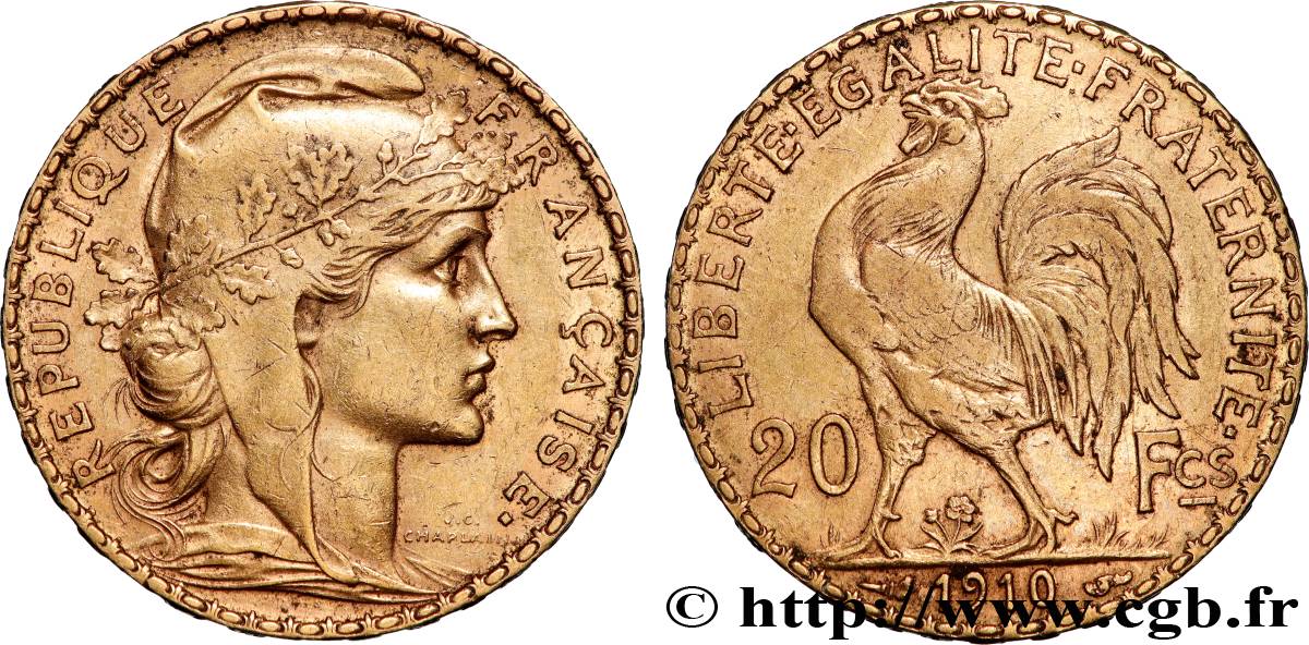 20 francs or Coq, Liberté Égalité Fraternité 1910 Paris F.535/4 TTB 